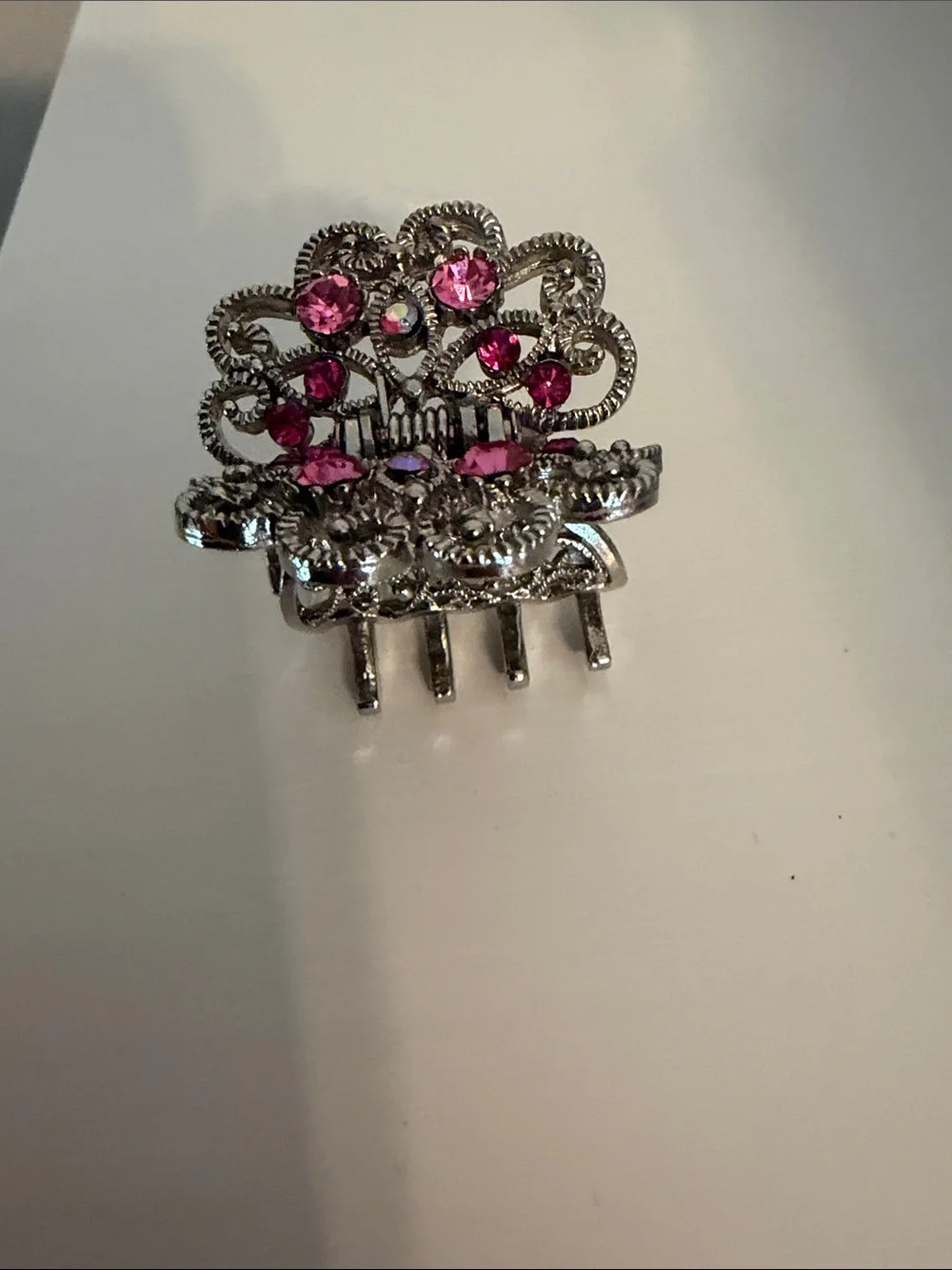 Ornate Silver-Tone Hair Clip/claw with Pink Crystal Accents. Like a butterfly.
